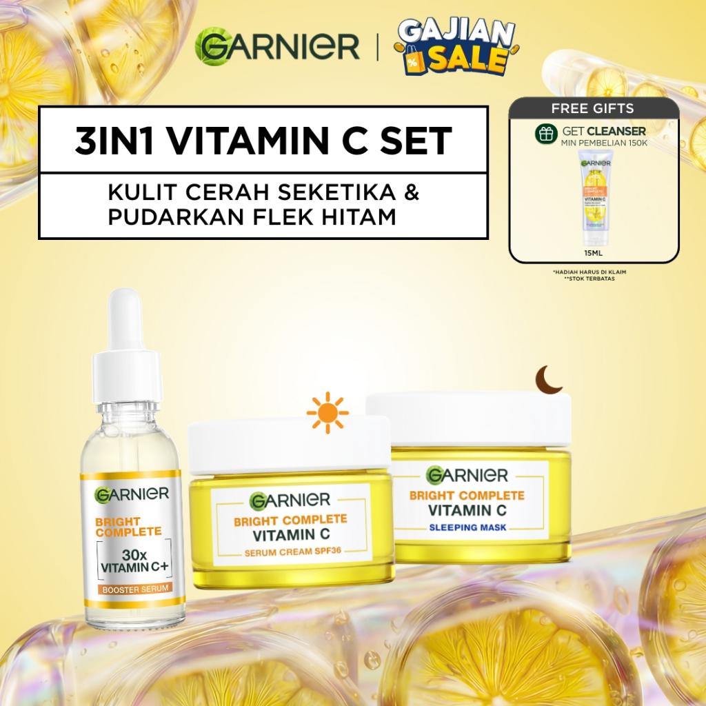 GARNIER Paket Skincare 1 Set Lengkap Vitamin C Brightening Daily Set Serum & Cream| Day Cream 50 ml 