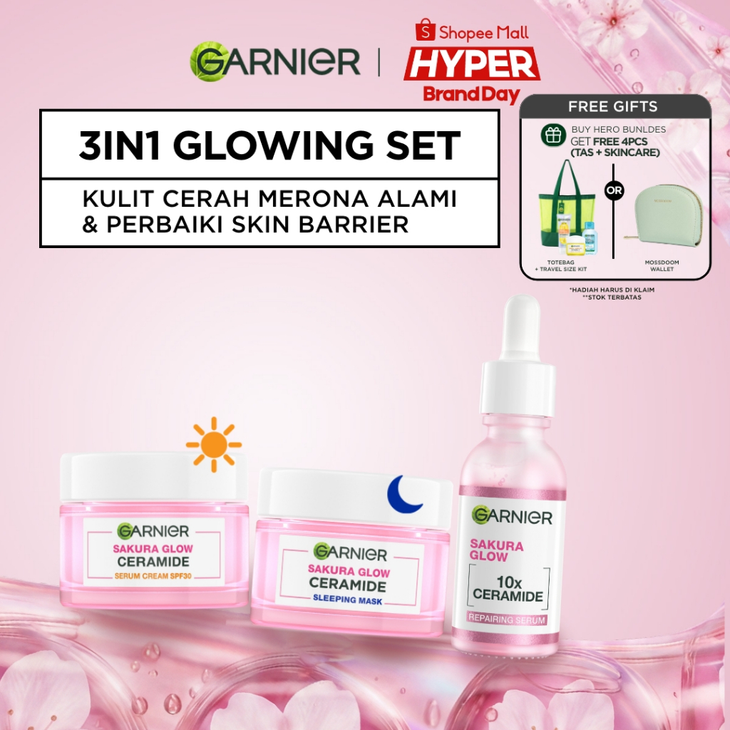 GARNIER Paket Skincare 1 Set Lengkap Sakura Glow Ceramide Skin Barrier Hydrating Daily Set Serum & C