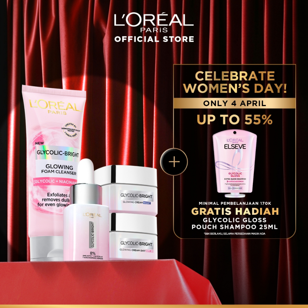L’Oreal Paris Glycolic Bright Glowing 4 Pcs Skincare Kit Untuk Mencerahkan: Serum, Moisturizer, Faci