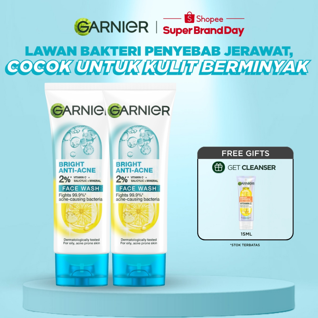 [PAKET HEMAT ISI 2] GARNIER Facial Wash Bright Complete 3in1 Anti Acne Cleanser Face Wash 100ml | Sk
