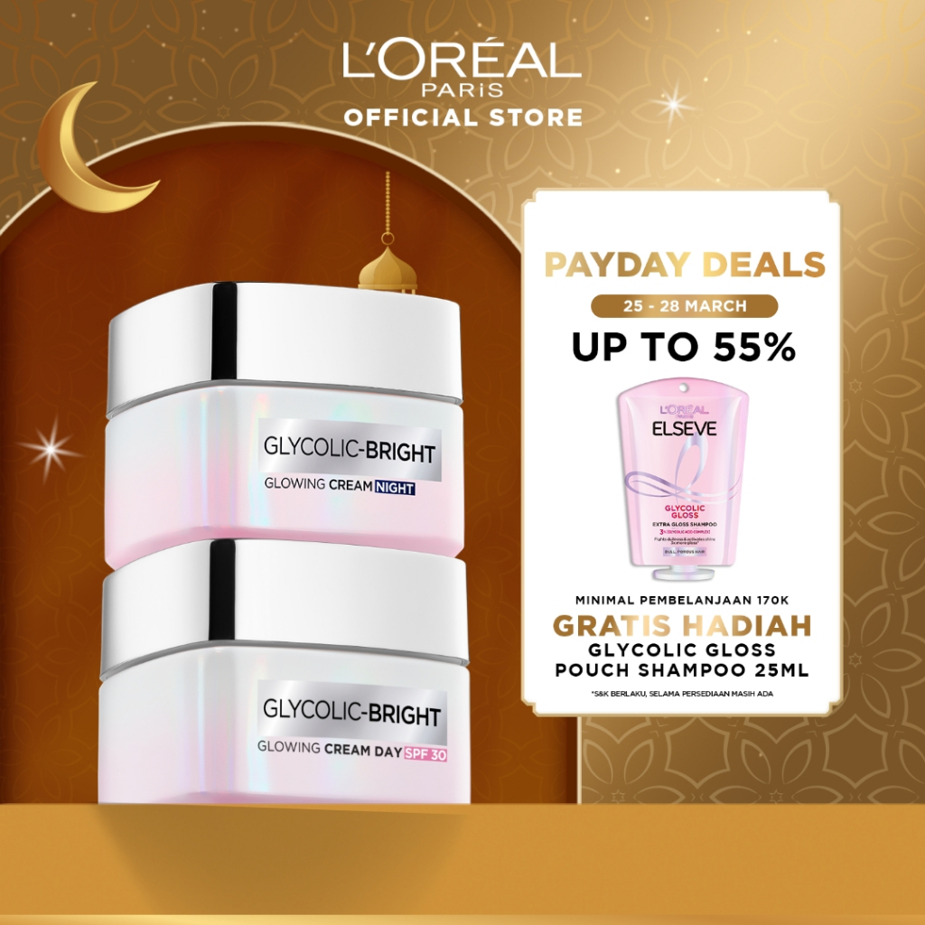 L'Oreal Paris Glycolic Bright Glowing Day Cream 50ml + Night Cream 50ml - Melembapkan dan Mencerahka