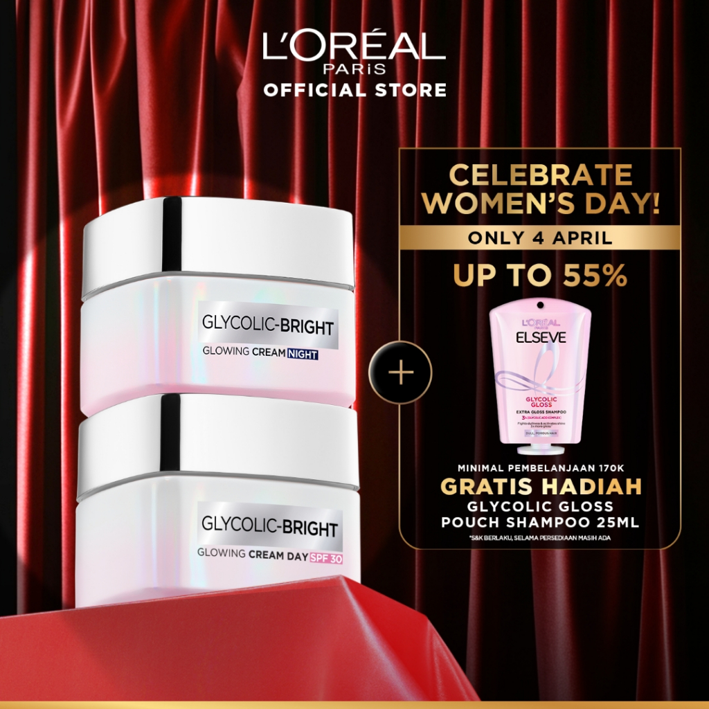 L'Oreal Paris Glycolic Bright Glowing Day Cream 50ml + Night Cream 50ml - Melembapkan dan Mencerahka