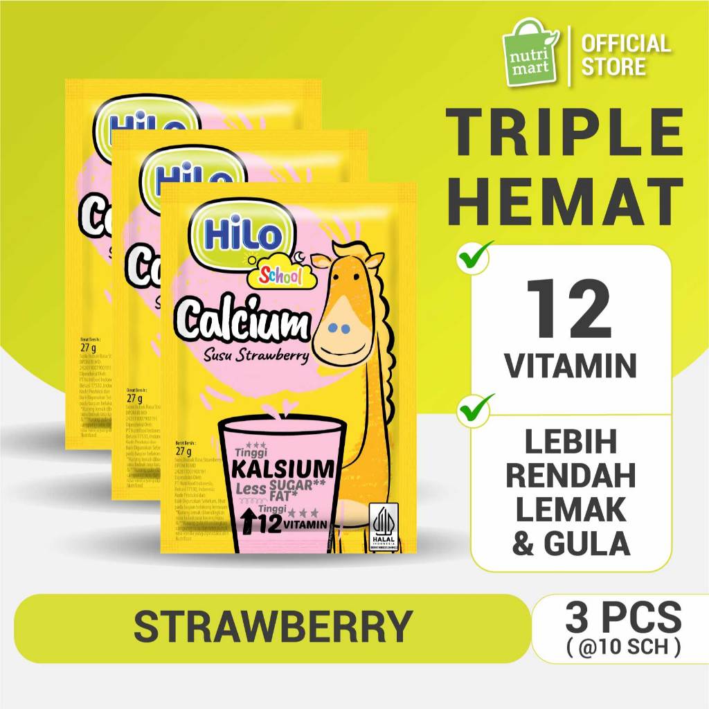 Triple Pack - HiLo School Strawberry 10 Sachet - Susu Anak Tinggi Kalsium Protein Lebih Rendah Gula