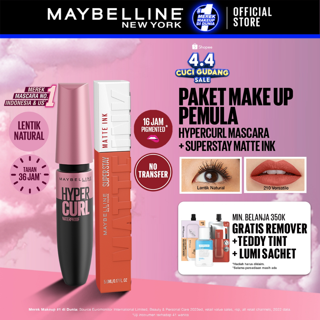 MAYBELLINE OFFICIAL Paket Makeup Anti Transfer Hypercurl Waterproof Mascara + Superstay Matte Ink | 