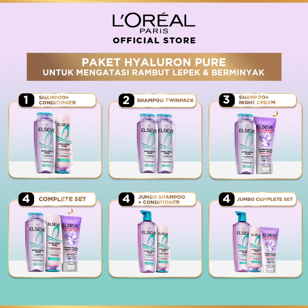 [PAKET HEMAT 2PCS] New L'Oreal Paris Hyaluron Pure 72H Purifying Shampoo Conditioner Night Cream - Perawatan Rambut Bebas Lepek dan Rambut Halus tahan hingga 72jam - Shampoo 280ml Conditioner 265ml Hyaluronic Acid Night Cream - Kulit Kepala Berminyak