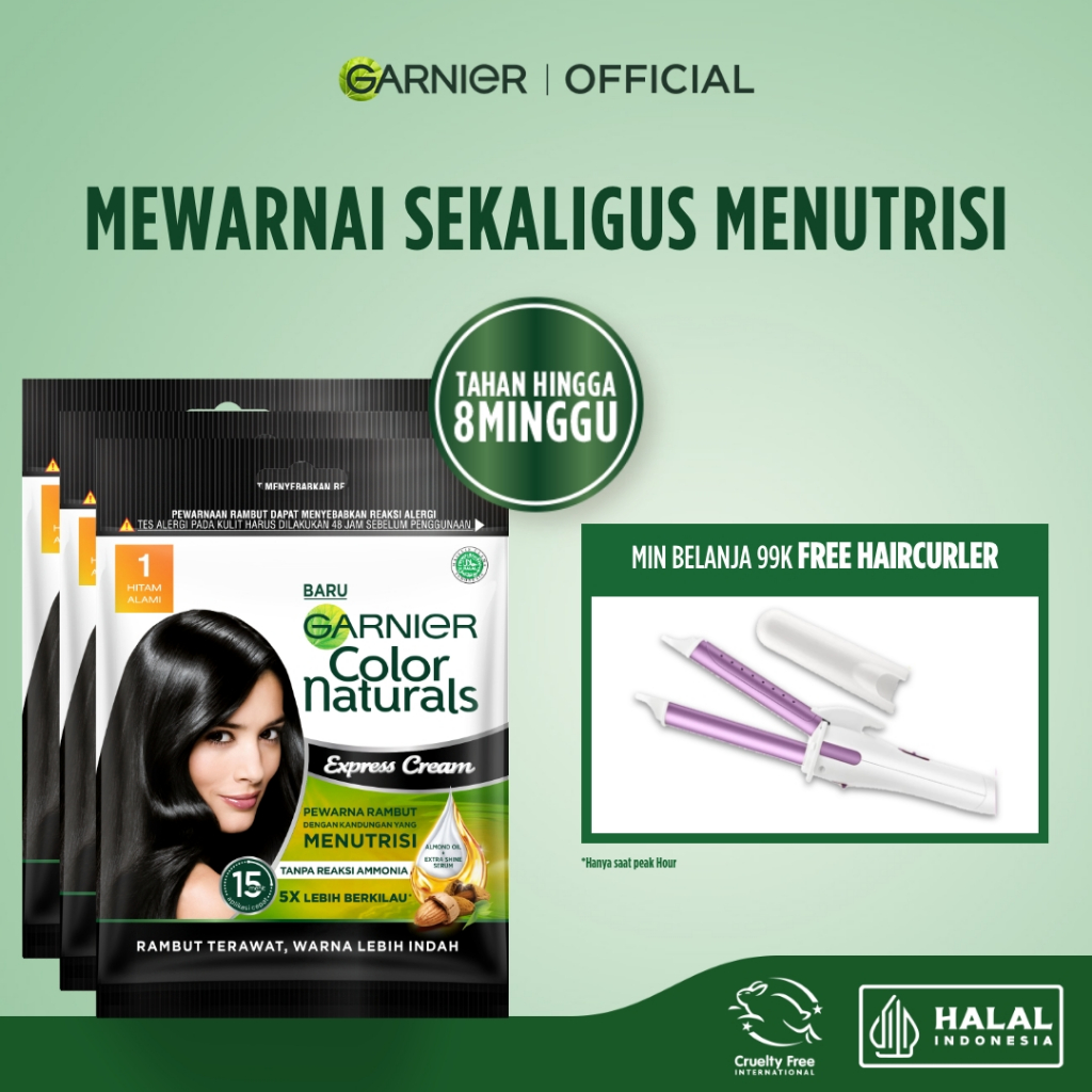 GARNIER Hair Colour Pewarna Rambut Permanen ISI 3 Sachet 20ml #1 Hitam Alami | Cat Rambut Tanpa Amon