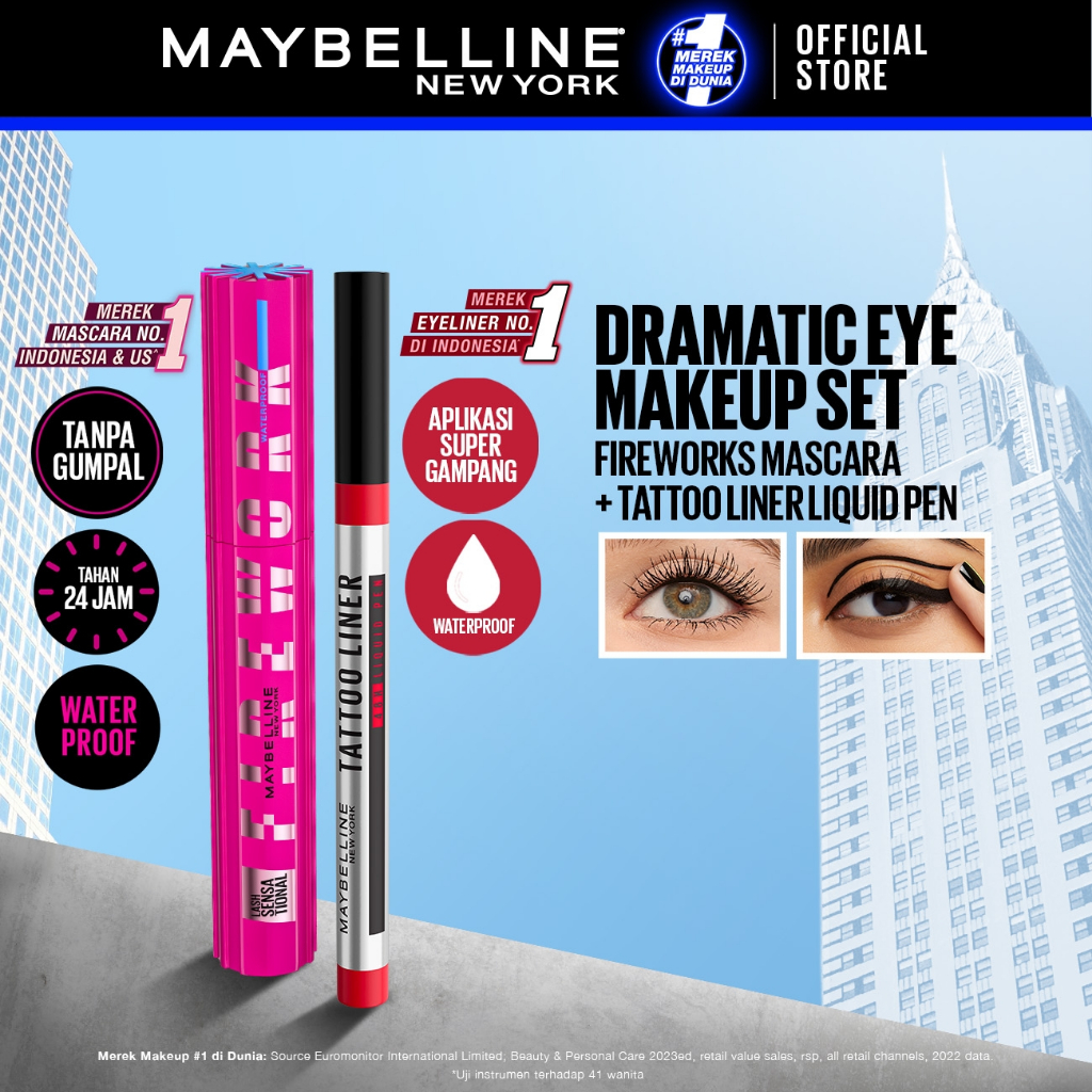 MAYBELLINE OFFICIAL Paket Makeup EYE Firework Mascara + Tattoo 48h Eyeliner - Waterproof Maskara Eye