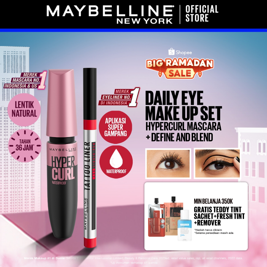 MAYBELLINE OFFICIAL Daily Eye Makeup Bundle Hypercurl Waterproof Mascara + Tattoo Liner 48H Liquid P