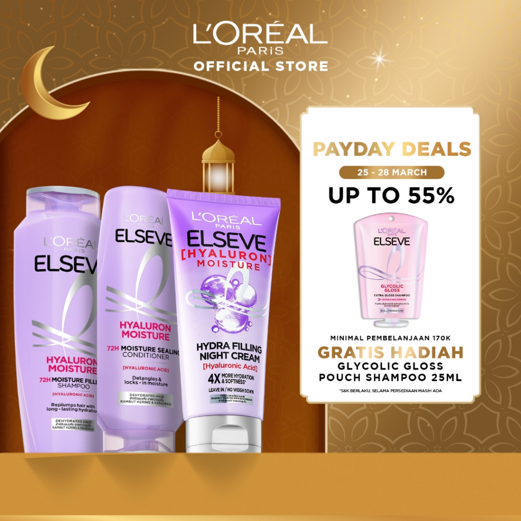 [PAKET LENGKAP] L’Oréal Paris ELSEVE Hyaluron Moisture Shampoo 280ml + Hyaluronic Conditioner 280ml 