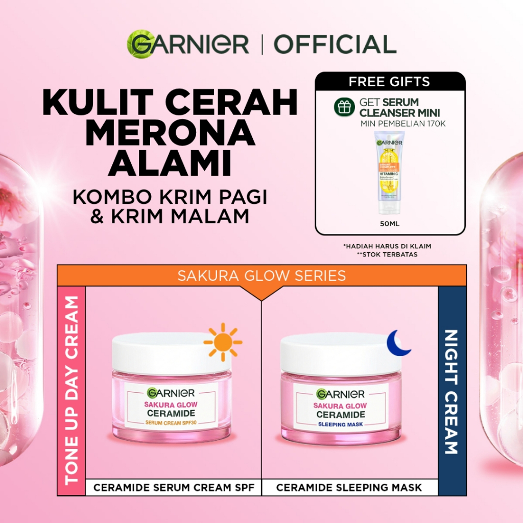 [GAJIAN SALE] GARNIER Sakura Glow Ceramide Skin Barrier Simple Set Day Cream & Night Cream 50 ml Kri