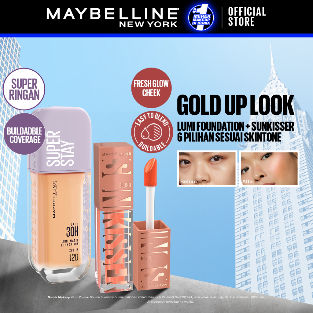 MAYBELLINE OFFICIAL Gold Up Bundle Superstay Lumi Matte Liquid Foundation + Sunkisser Liquid Blush H