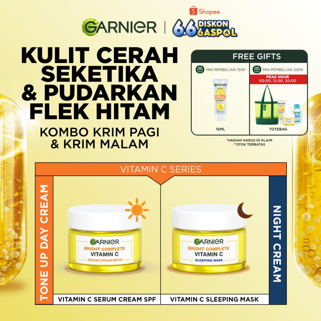 [6.6 HOT SALE] GARNIER Bright Complete Vitamin C Simple Set Day Cream & Night Cream 50 ml Krim Siang