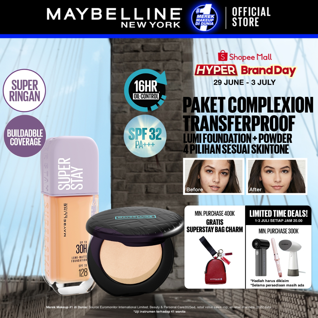 MAYBELLINE OFFICIAL Paket Makeup Superstay Lumi Foundation + Fit Me Compact Powder