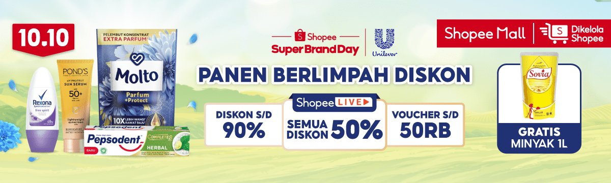 Shopee 10.10 Brands Festival - Unilever: Gratis Ongkir Rp0, Setiap Hari Super Brand Day, & Shopee Live Semua Diskon 50% pada 26 September 2023.