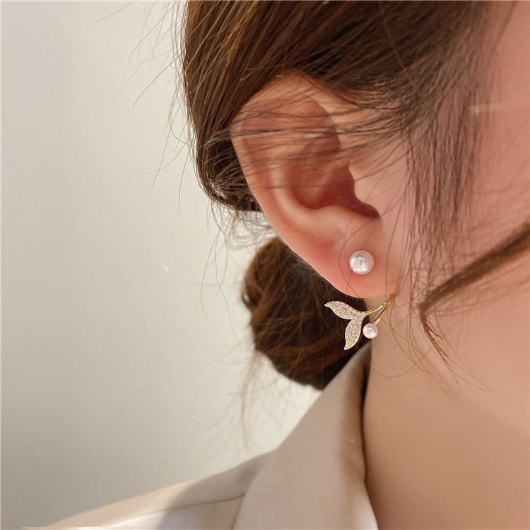 Korea Baru Mewah Zirkon Fishtail Pearl Stud Earrings Untuk Wanita Fashion Kristal Imitasi Mutiara Manis Anting-Anting Gadis Perhiasan