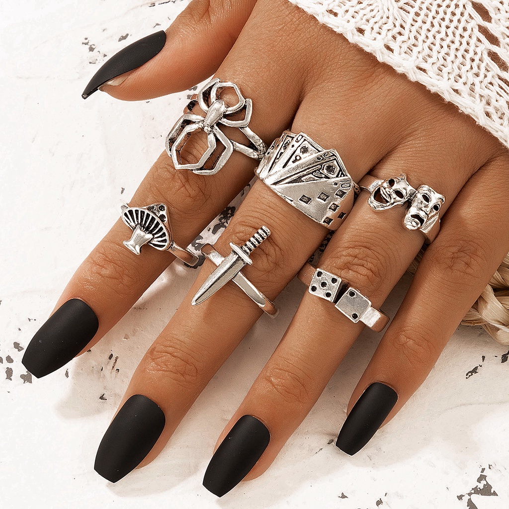 5pcs/set Berlebihan Punk Bermain Kartu Spider Hantu Wajah Jamur Pedang Dadu Cincin Untuk Wanita Pria Vintage Pesta Perhiasan