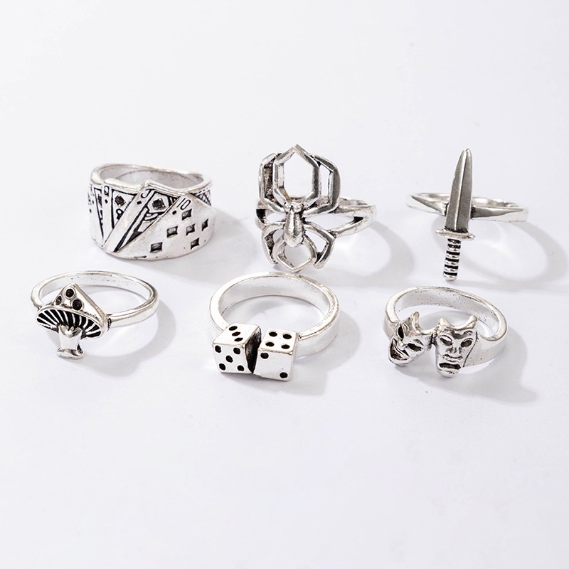 5pcs/set Berlebihan Punk Bermain Kartu Spider Hantu Wajah Jamur Pedang Dadu Cincin Untuk Wanita Pria Vintage Pesta Perhiasan