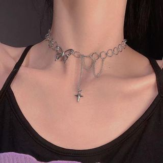 Kalung Rantai Choker Liontin Hati Bintang Bahan Logam Warna Silver Gaya Gothic Punk Untuk Wanita