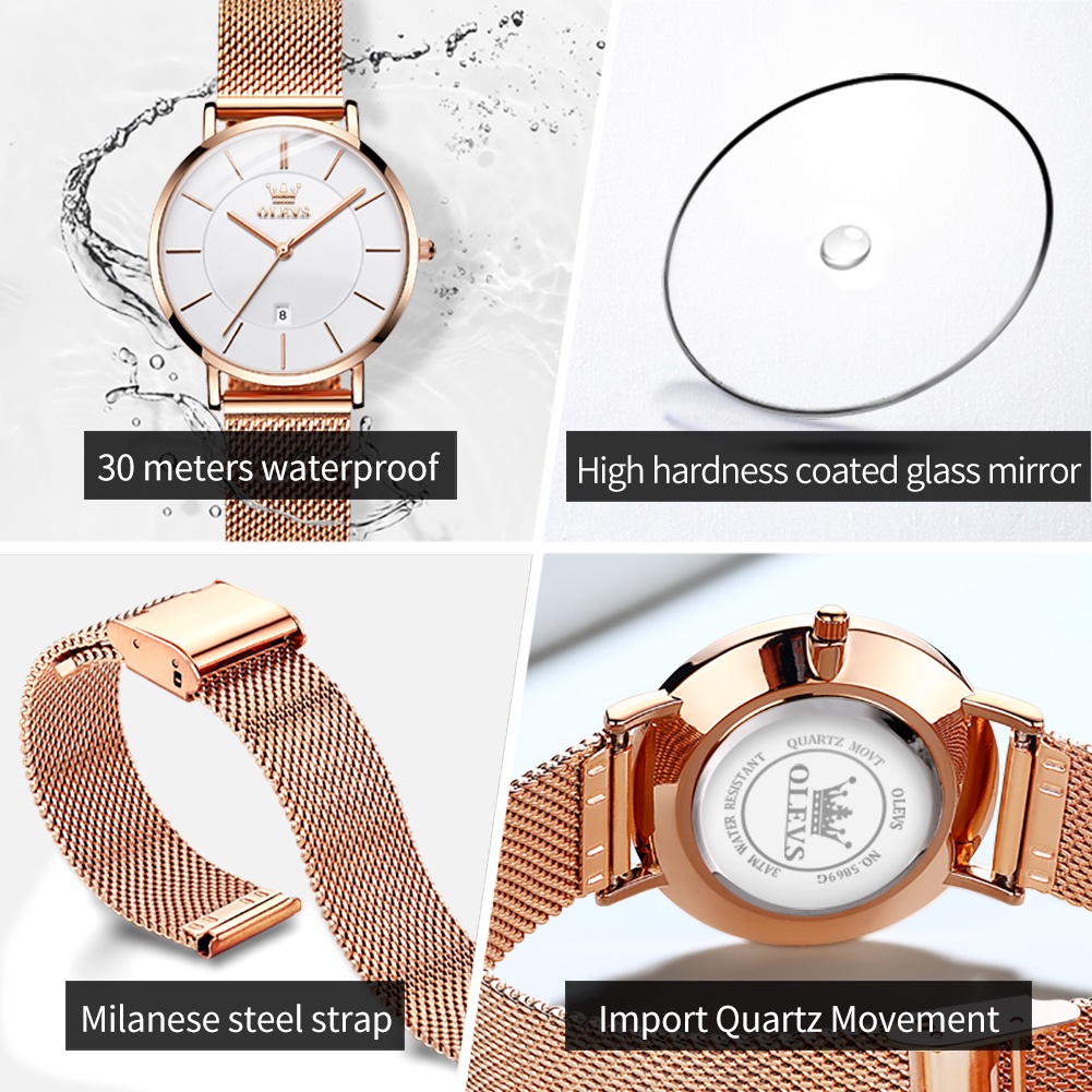 OLEVS Jam Tangan Wanita Anti Air Original Asli Dengan Tanggal Ultra-thin Rose Gold Jepang Quarz Women Watch