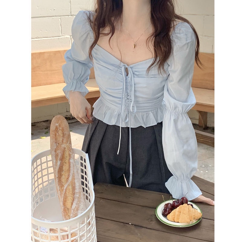 Red French chic retro shirt spring square collar puff sleeve shirt female design chic blue short top tide