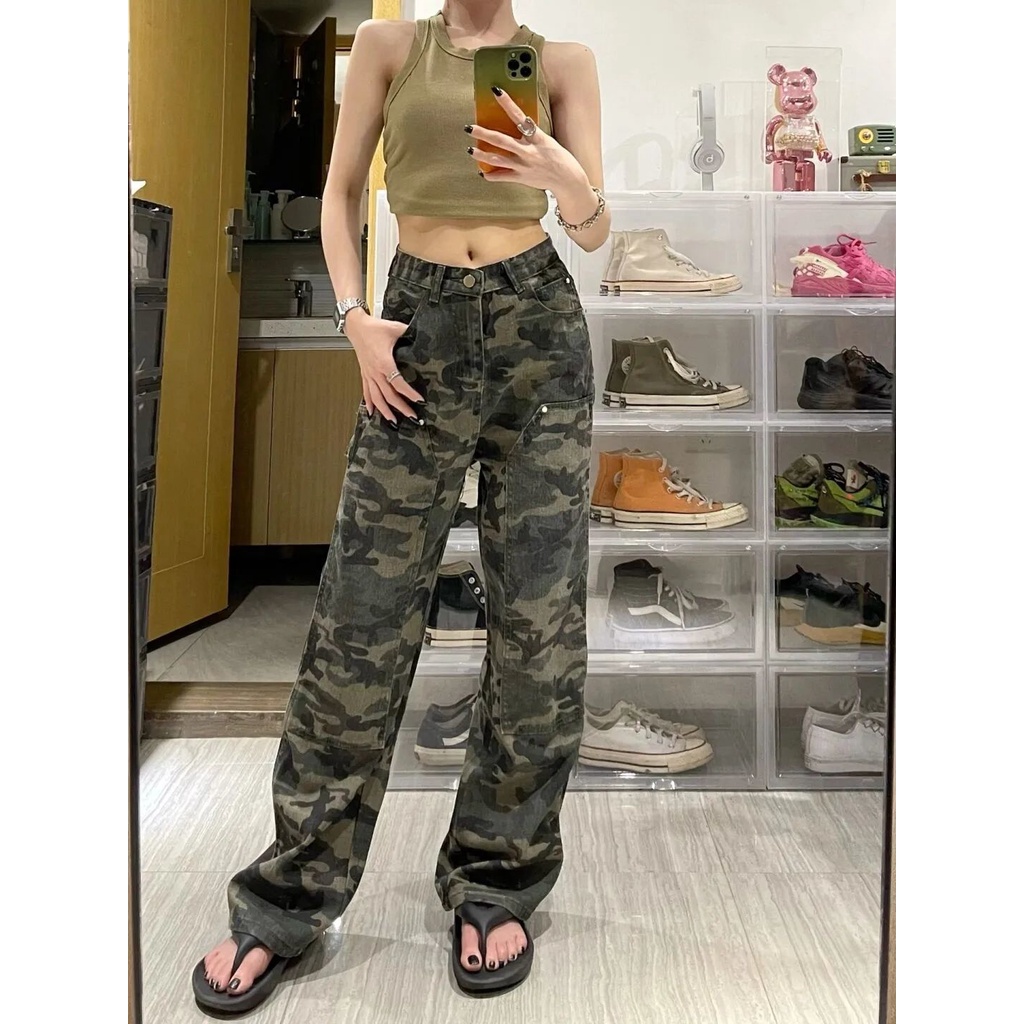 Red Celana jeans kamuflase hijau tentara wanita musim panas in high street versi Korea longgar baru slim tie-dye lurus lebar kaki celana