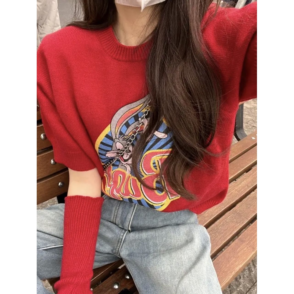 Red Keinginan murni angin kartun kelinci lengan merah sweater wanita musim gugur dan musim dingin lengan pendek sweater tahun zodiak top manis dan pedas