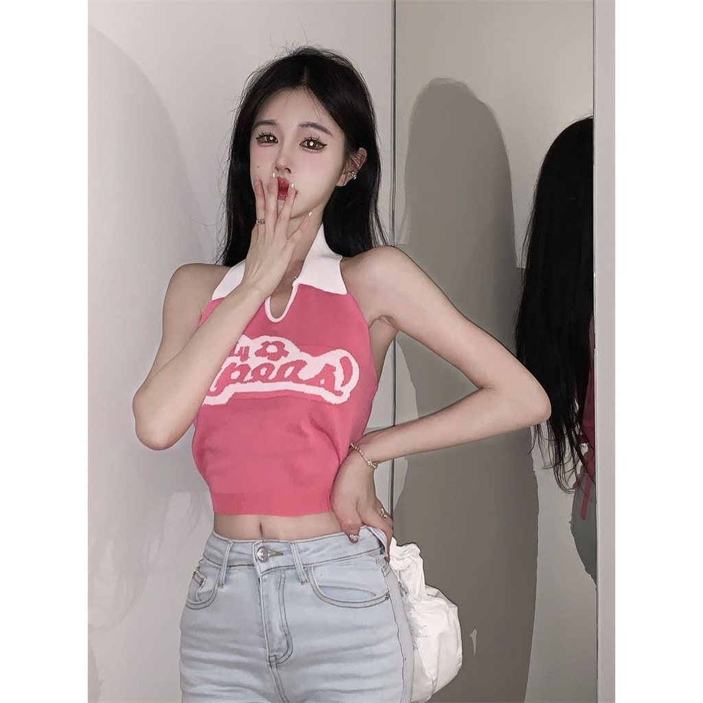 Red Leher rajutan rompi wanita musim panas 2023 desain baru huruf bordir kamisol pendek pas badan