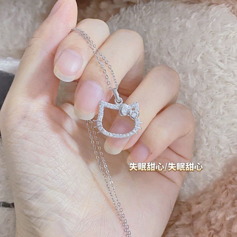 Cute Kitty Pendant Necklace Kalung Rantai Perak Kristal Elegan Untuk Wanita Perhiasan Aksesoris Hadiah