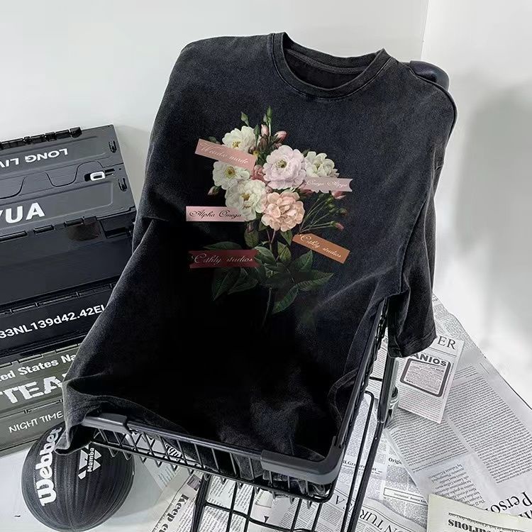 Red Ins American Retro 100% Katun Dicuci Tua Lengan Pendek T-shirt Pria Longgar Tren Musim Panas Lima Titik Lengan pria Setengah Lengan