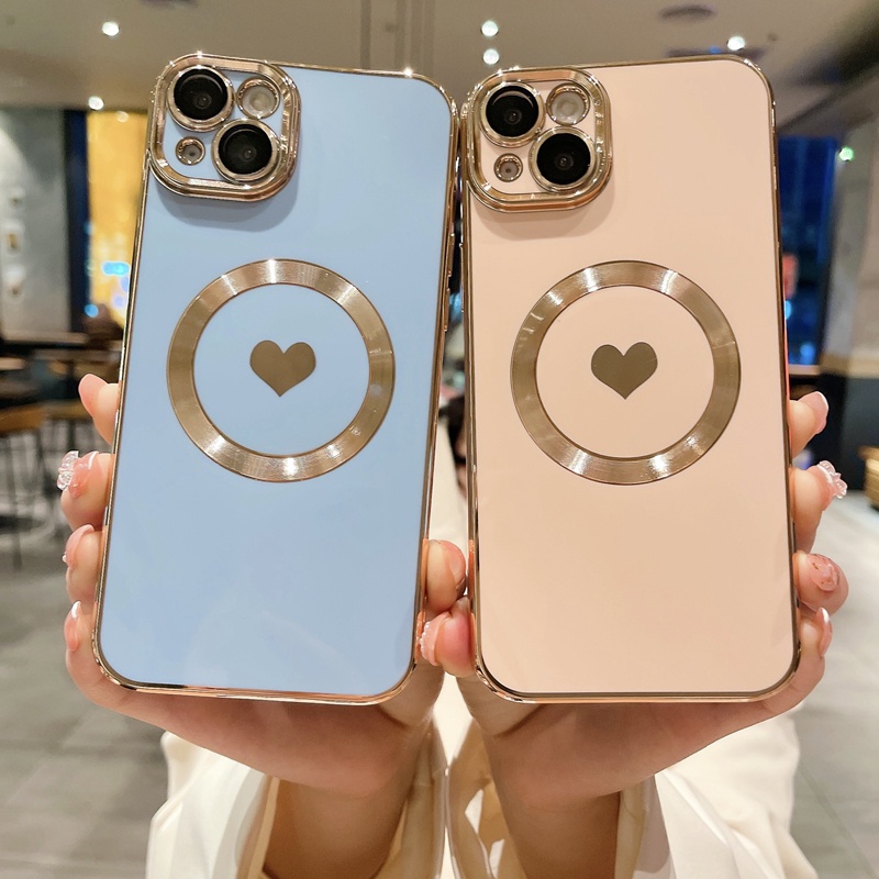 IPHONE Luxury Electroplate Lembut Nirkabel Charge Cinta Hati Case Untuk Iphone14 13 12 11 Pro Max X XR 7 8 Plus Penutup Magnetik