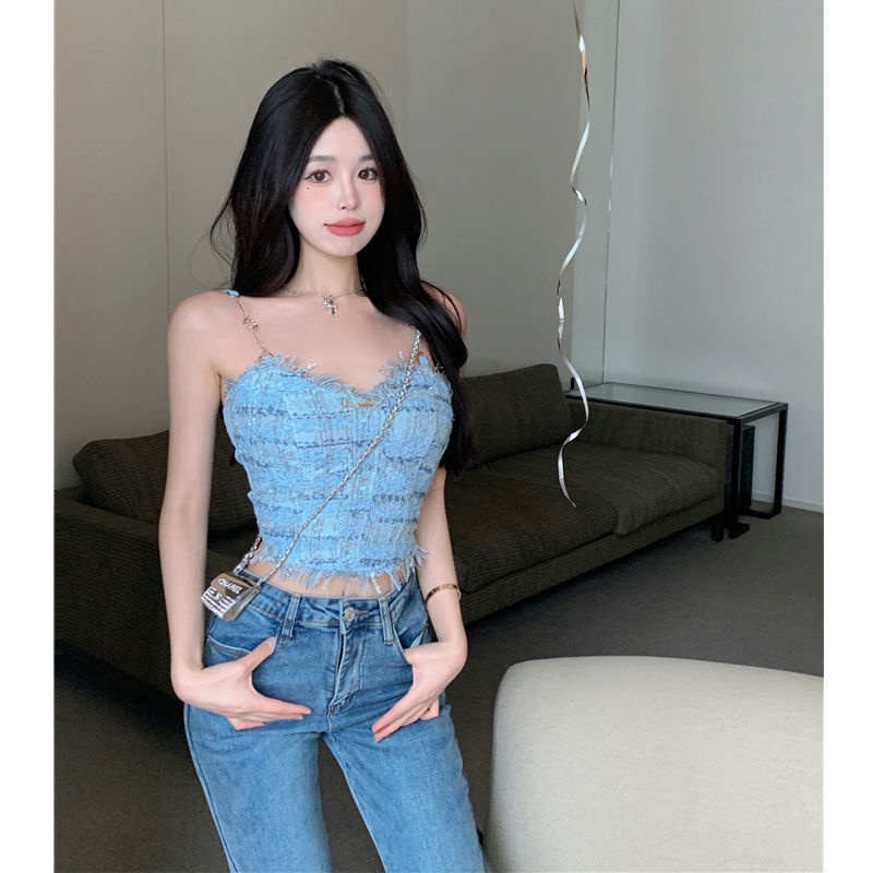 Red Rompi suspender rumbai biru wanita musim panas manis hot gadis pakaian luar desain rasa keinginan murni chic pakaian dalam atasan pendek