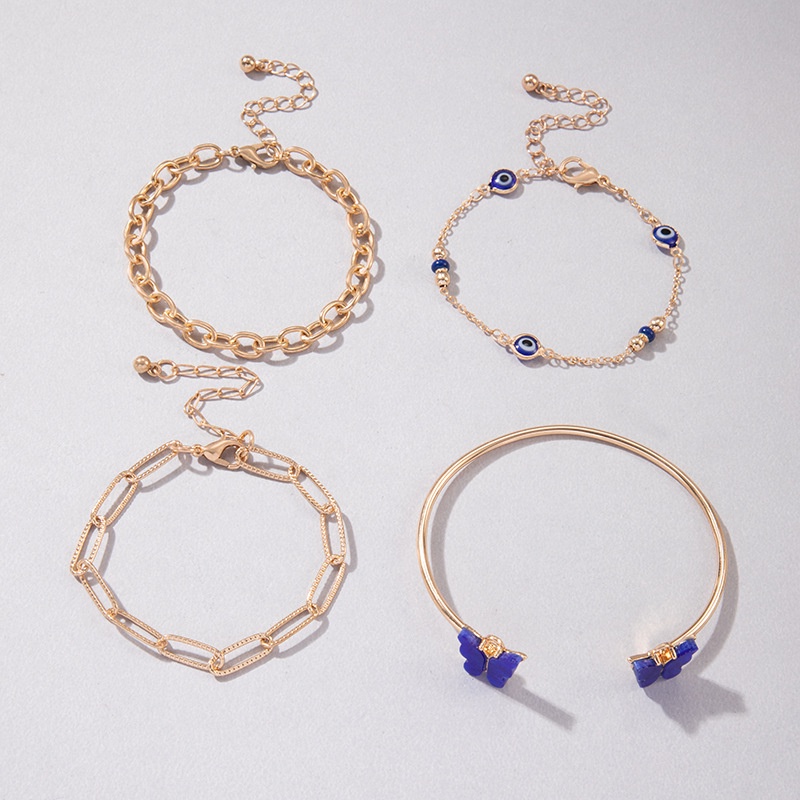 4pcs/set Indah Biru Kupu-Kupu Pembukaan Yang Dapat Disesuaikan Gelang Untuk Wanita Mata Biru Gaya Minoritas Perhiasan Aksesoris