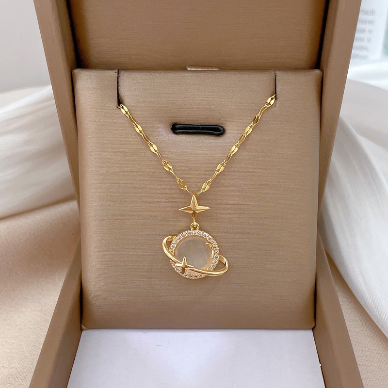 Kalung Wanita Baja Titanium Berlapis Emas 18k Opal Planet Pendant Necklace Rantai Klavikula Mewah Ringan