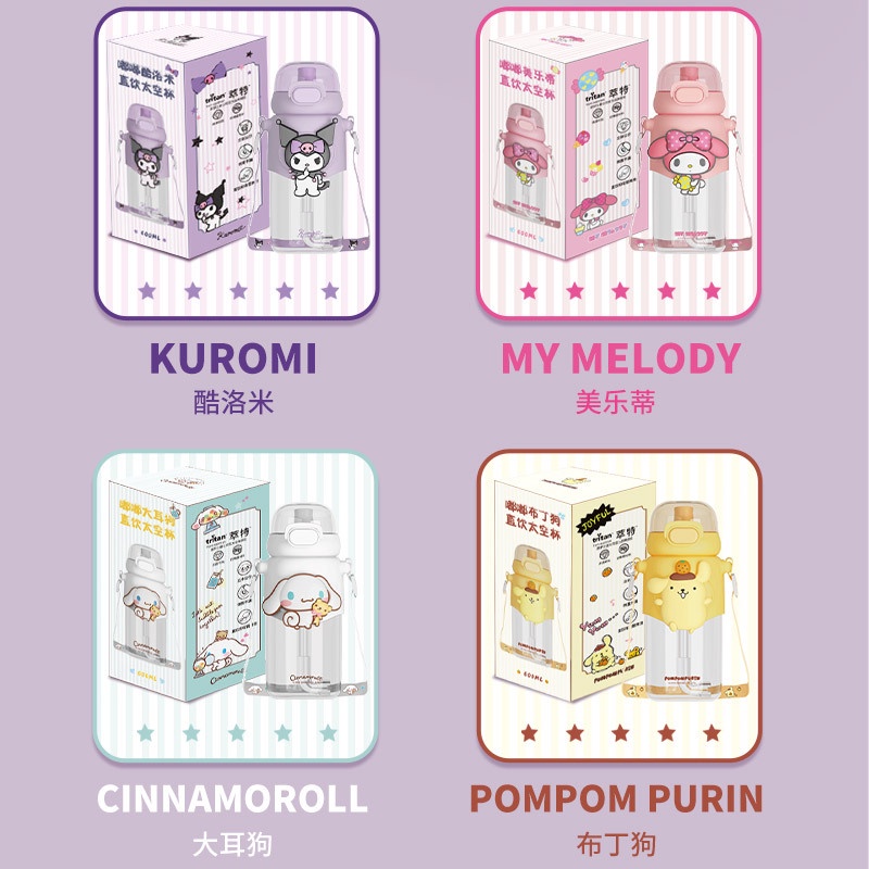 Mug 600Ml Sanrio Thermos Cangkir Air Cangkir Termos Mug Lucu Kartun Cinnamoroll Kuromi Melody Botol Air Plastik Portabel Tahan Lama untuk Hadiah Anak-anak