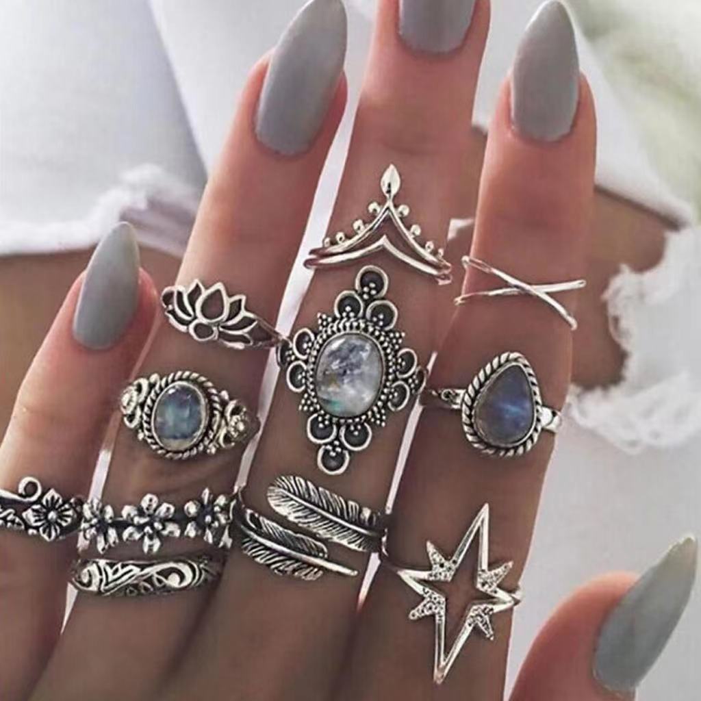 Set Cincin Spades Kepala Tengkorak Bunga Permata Vintage Butterfly Heart Moon Silver Rings Untuk Aksesoris Perhiasan Wanita