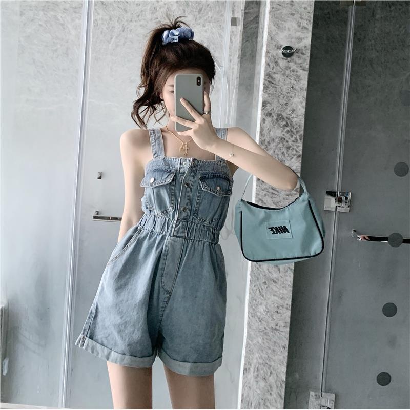 Red 2022 Musim Panas Baru Wanita Berpinggang Tinggi Suspender Celana Pendek Wanita Versi Korea Longgar Lurus Net Merah Denim suspender Jumpsuit