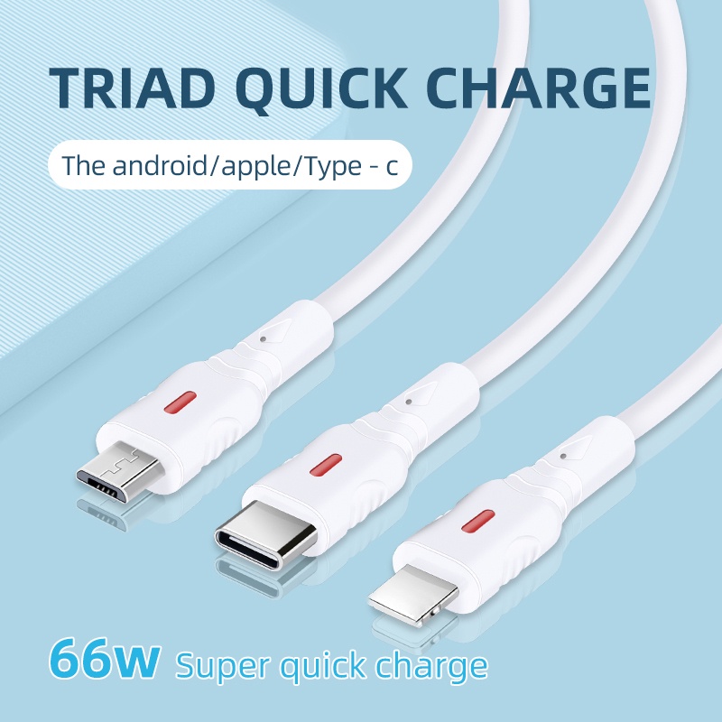 66w 3in1 Kabel Pengisian Super Cepat 1.3M 3A Liquid Soft Rubber Data Line Untuk i-phone Tipe C Android Handset Model Pengisian Cepat