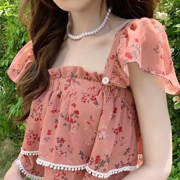 Red French square collar shirt short-sleeve sweet and elegant style sweet and elegant style niche design sense pure desire hot girl short chic top summer