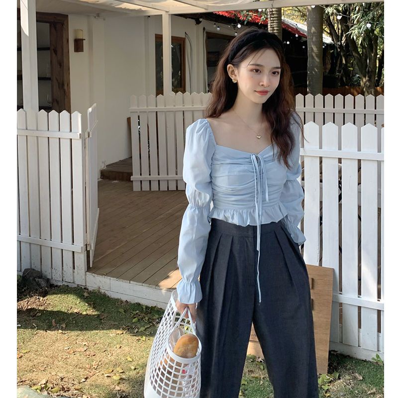 Red French chic retro shirt spring square collar puff sleeve shirt female design chic blue short top tide