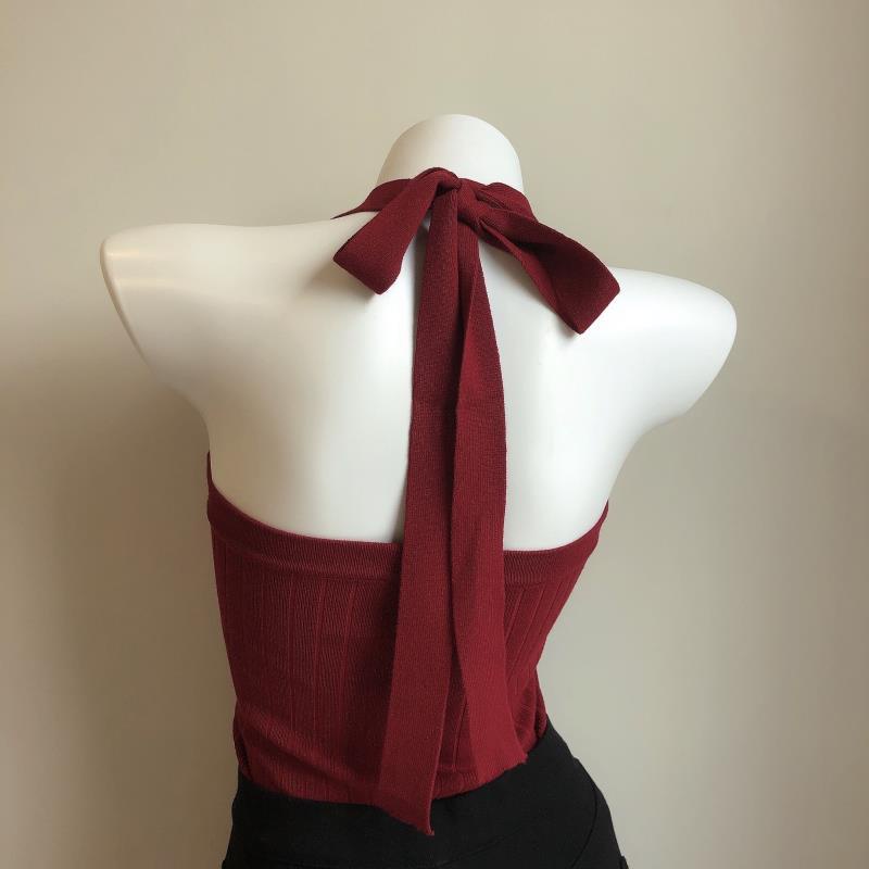 [Rose and Thorn Bush] Hong Kong Style Retro Red Knitting Backless Slim Halter Sling Rompi Tanpa Lengan Wanita Tali Bahu Lebar