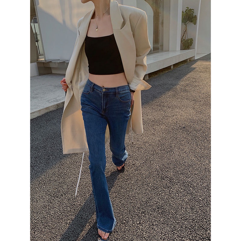 Red Peregangan celana jeans berkobar wanita musim gugur dan musim dingin baru pinggang tinggi ukuran besar penutup daging celana tapal kuda slim fit celana berkobar celana ramping