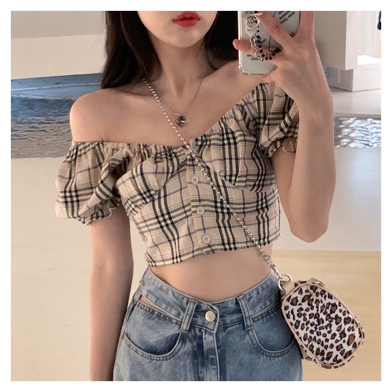 Red Retro Kotak-kotak Manis dan Pedas Pusar Crop Top Kemeja Wanita Puff Sleeve Off-Shoulder Tulang Selangka Crop Top 2022 Musim Panas produk Baru