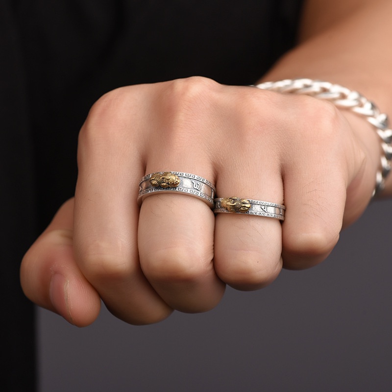 [Harga Grosir] Cincin Jari Terbuka Dapat Disesuaikan Retro Ukiran Perhiasan Unisex Jari Beruntung Memakai Aksesoris Pixiu Enam Kata Sejati Cincin Pasangan