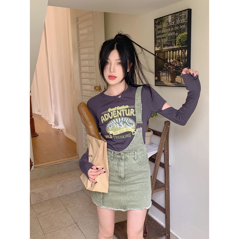 Red Fashion Set Wanita Leher Bulat Lengan Panjang Dicetak T-shirt + Tali Denim Rok Gaun Rok Pendek Gadis Panas dua Potong Trendi