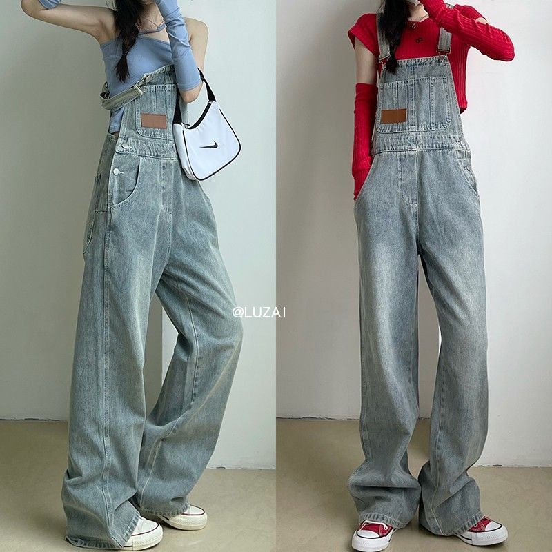 Jumpsuit Longgar Gaya Korea Untuk Wanita Overall Denim Kaki Lebar