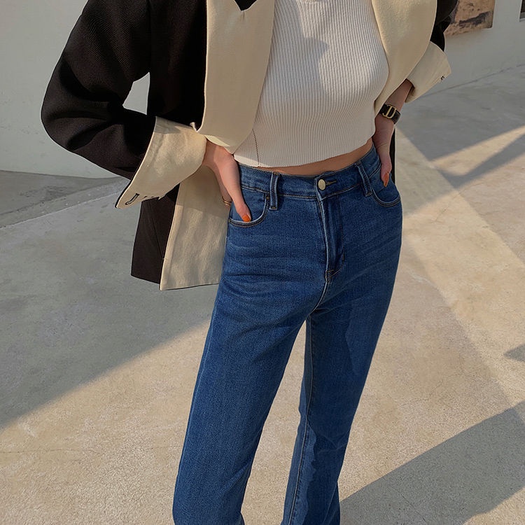 Red Peregangan celana jeans berkobar wanita musim gugur dan musim dingin baru pinggang tinggi ukuran besar penutup daging celana tapal kuda slim fit celana berkobar celana ramping