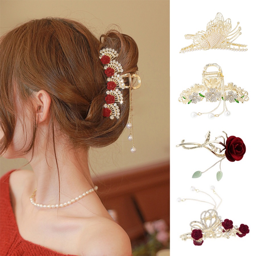 Korea Bunga Mutiara Berlian Imitasi Jepit Rambut Hair Claw Kristal Rumbai Alloy Hair Clip Woman Aksesoris Rambut