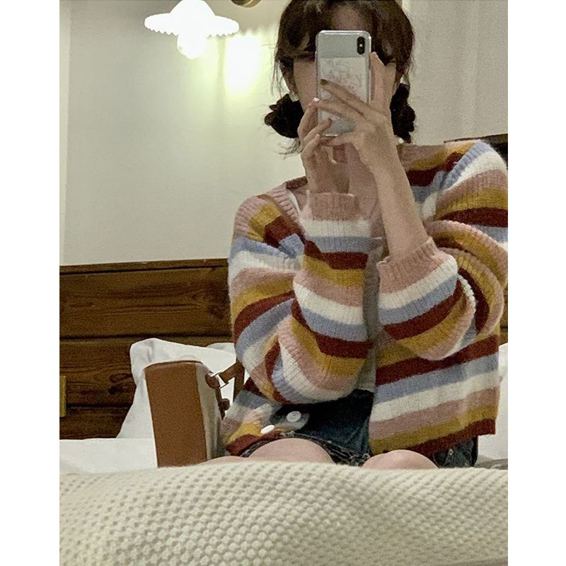 Red [Asuransi Pengiriman] Sweater cardigan sweater bergaris warna kontras wanita musim semi dan musim gugur top coat angin malas yang lembut