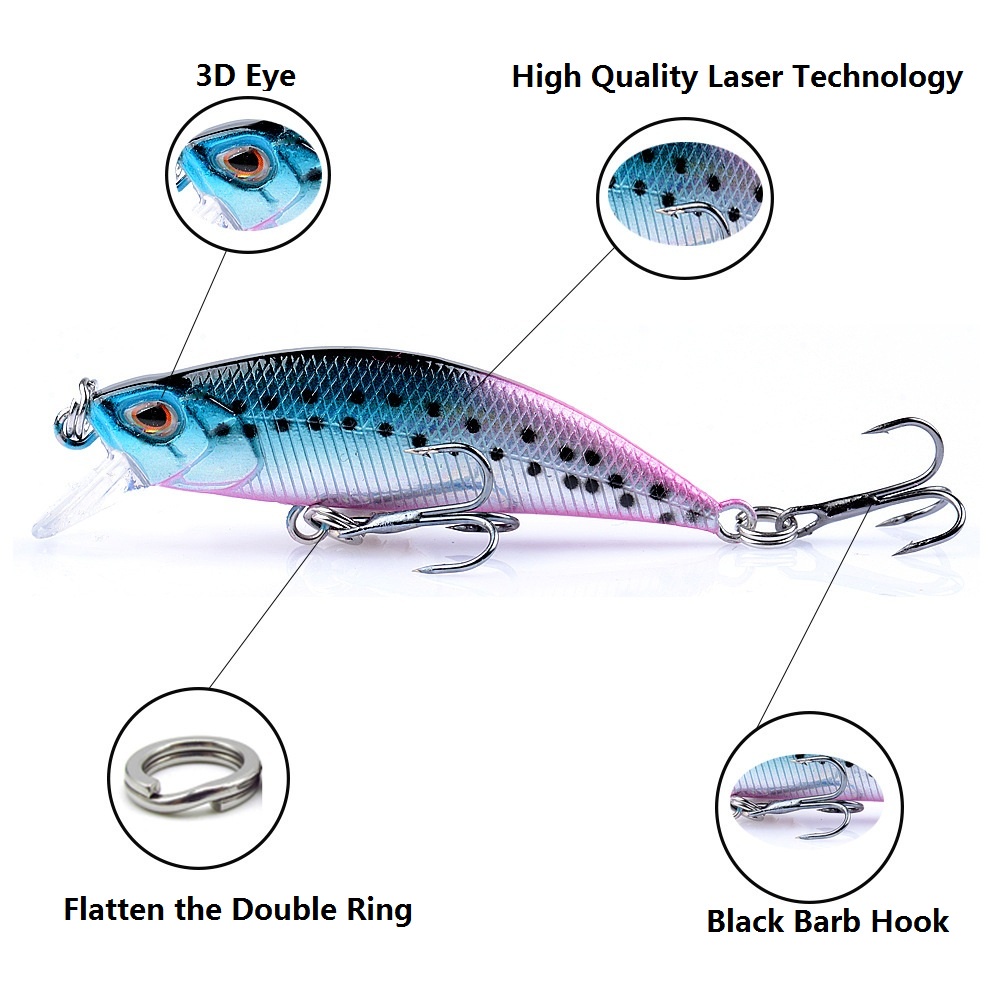 1pcs Colorful Fishing Lure 5g/5cm Ikan Kecil Tenggelam 3D Mata Laser Troli Plastik Buzz Umpan Dengan 2kait Treble