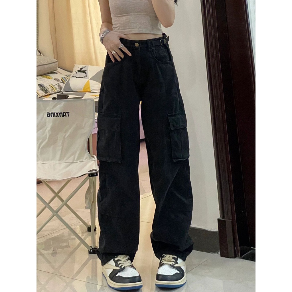 Red American Retro High Street Adjustable Sabuk Hitam Overall Wanita Musim Gugur Ukuran Besar Longgar Lurus Lebar Kaki Celana Trendi